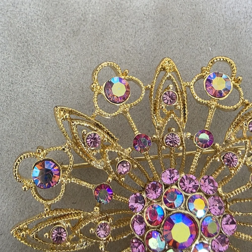 VIntage filigree Starburst Flower Brooch Pin with Pink and AB Crystal Rhinestone